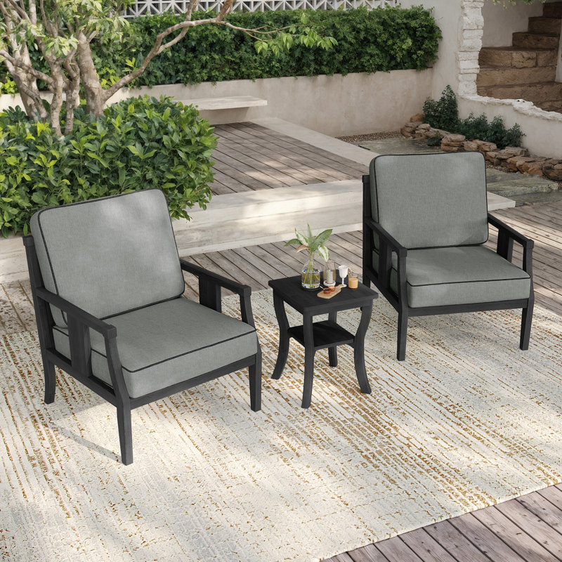 Chaffins Teak Outdoor Two-Person Patio Set With Cushions And Side Table, Gray, Black