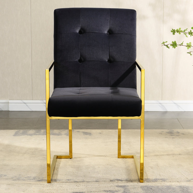 Chaise avec accoudoirs moderne en velours noir, base scintillante, facile à assembler et structure noire en acier inoxydable
