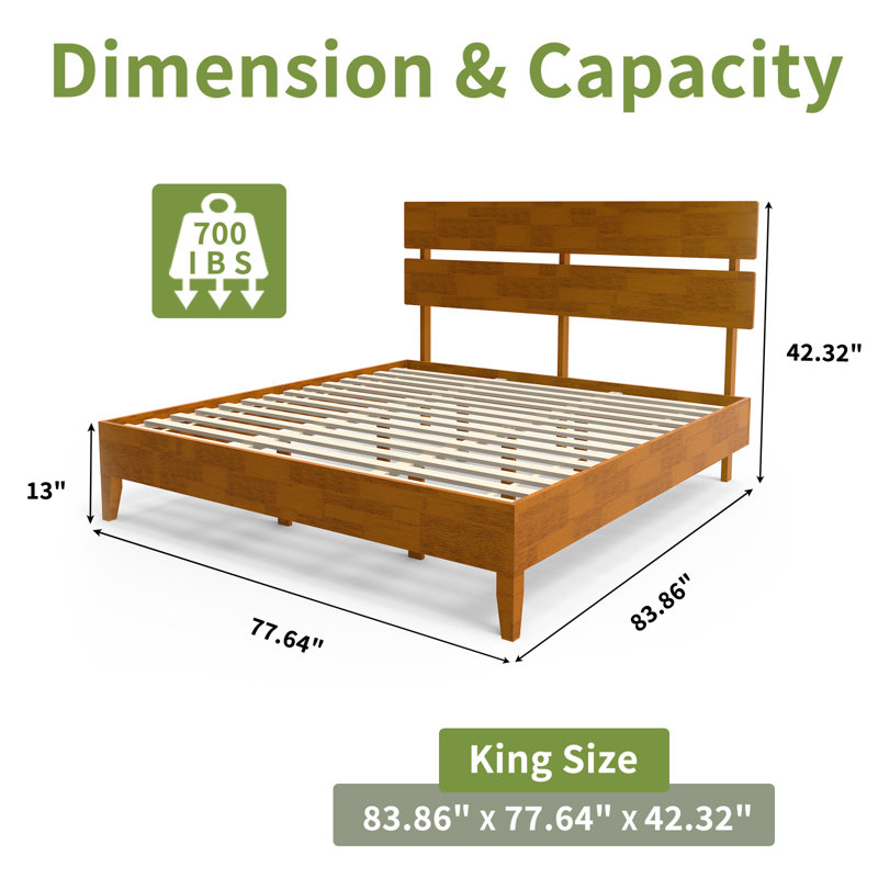 Solid Wood Platform Bed Frame , King Bed Frame With Headboard Included, Mid Century Modern Bed, Caramel, King, Brown