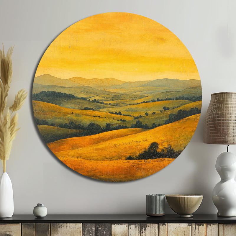 «Countryside Golden Hour Over The Hills I», impression sur métal jaune campagne, H 29 po x l 29 po
