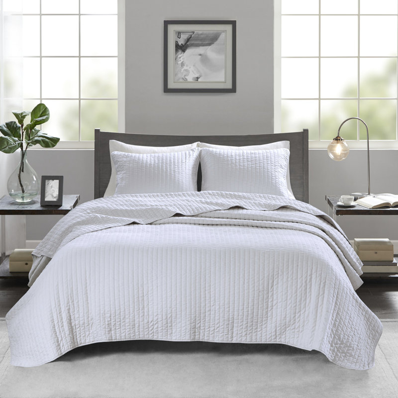 Courtepointe blanche 2 pièces pour lit simple / simple TG - Microfibre avec rembourrage en coton, réversible, crée un espace de chambre paisible dans un motif de corail réversible, et mélange, lavable à la machine
