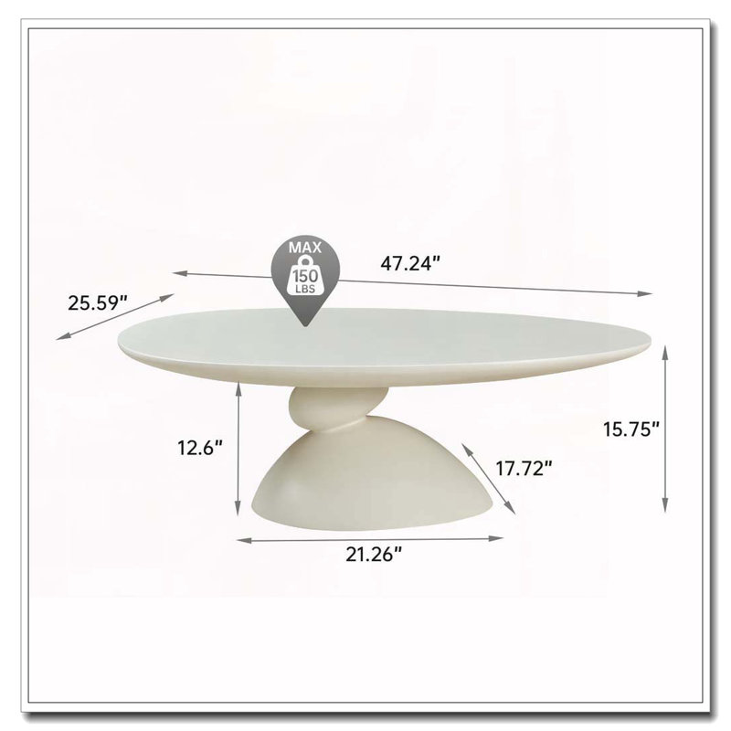 Table basse ovale en fibre de verre 47,27 "avec base sculpturale, Blanc lait