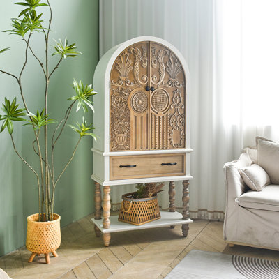 Arched Flower Carved Door Accent Sideboard Cabinet