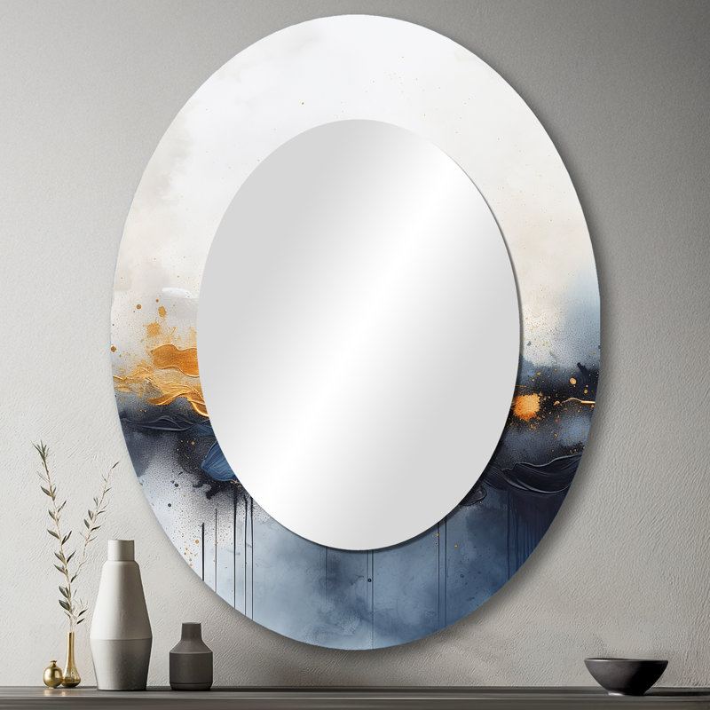 Blue And Yellow Fluid Harmony Abstract Painting I - Blue Oval Wall Mirror Decor, 43" x 33"