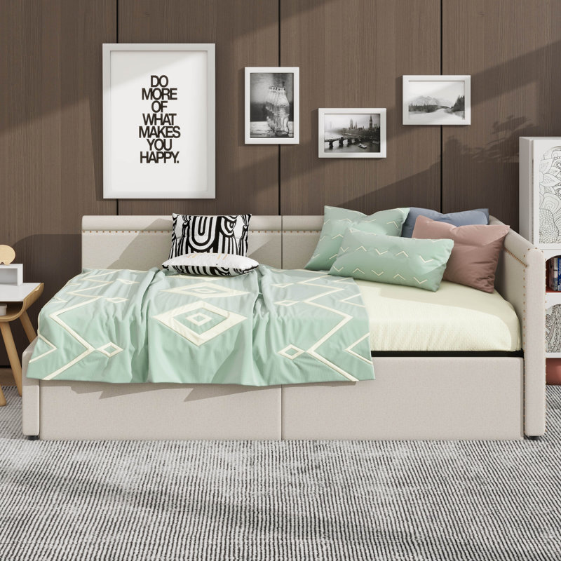 Lit de jour d'angle simple en L peu encombrant, avec tiroirs de rangement escamotables, Beige