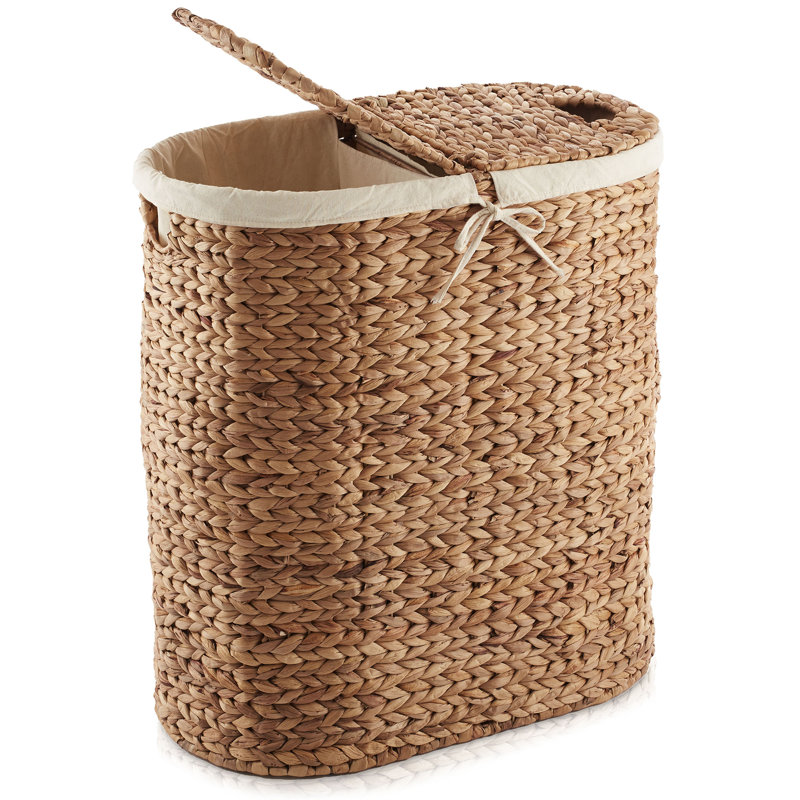 2-Section Oval Laundry Hamper Basket w/ Lids and Liner Bags - Cinnamon Hyacinth, Cinnamon