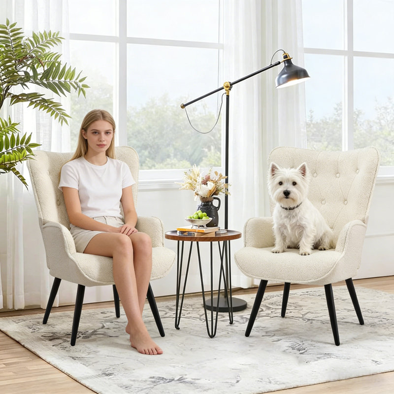 Modern Upholstered Wingback Chair Faux Fur Tufted Armchair with Metal Legs, Beige Boucle