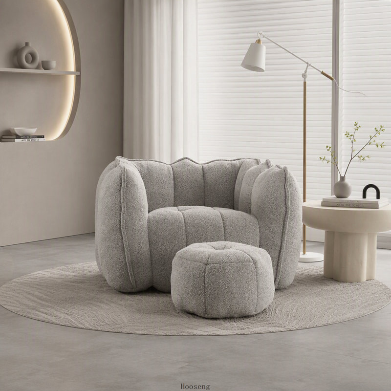 Pouf carré moelleux avec repose-pieds et mousse haute résilience pour jouer, lire et regarder la télévision, Chenille gris