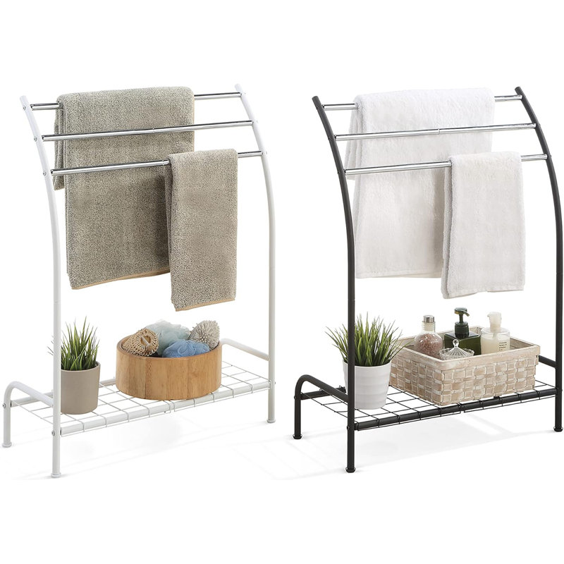 Black Freestanding 3-Bar Towel Rack with Bottom Shelf