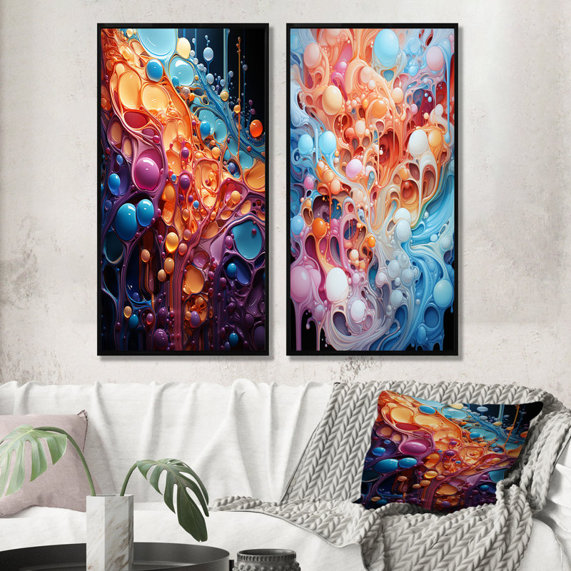 «Intricate Multicolor Drip Paint», ensemble de 2 reproductions d'art abstrait, Cadre noir, H 28 po x l 25 po