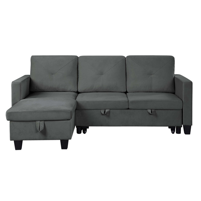 Nova 82.5" Velvet Reversible Sleeper Sectionals Sofa With Storage Chaise, Dark Gray Velvet