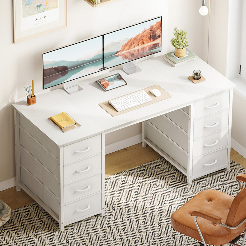 Home Office Desk With 8 Spacious Fabric Drawers, Modern Writing Desk With Sturdy Design, Corner Desk With Reversible Structure
