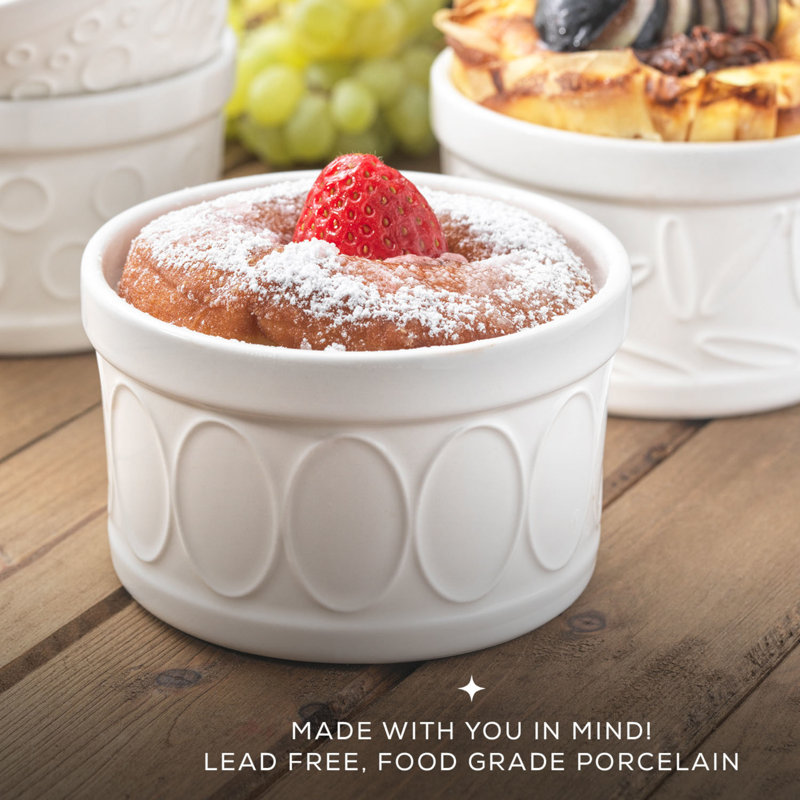 White Embossed Porcelain Ramekins Set of 4, 4 oz