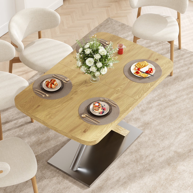 Table de salle à manger 47,25 "-63", couleur bois original, 4 à 6 personnes assises, table rétractable, base en métal et tubes en acier inoxydable (naturel)