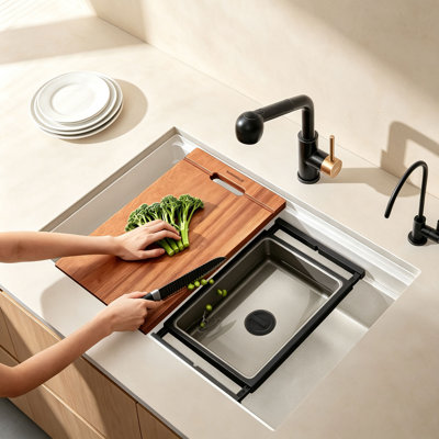 Évier de station de travail encastré à simple cuve en quartz composite HIGOLD de L 30 po avec nouvelle technologie
