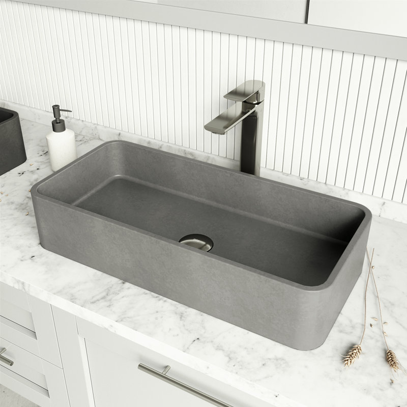 BrightonPalazzo Gothic 24" L x 11" W x 4" H Rectangular Concrete Vessel Bathroom Sink with 11" H Faucet