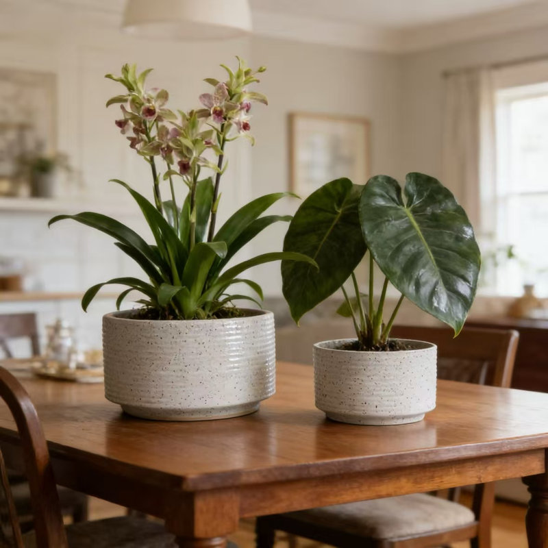  2pcs White Vertical Ridged Ceramic Plant Pots, 11"&8" Non-Porous Clay for Succulents Orchids, Indoor Outdoor Decor