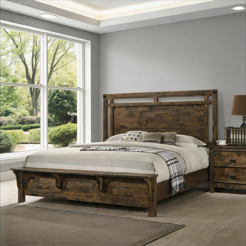 Grand lit plateforme de style industriel rustique avec pied de lit à banc intégré, meubles de chambre à coucher en bois massif de couleur brune