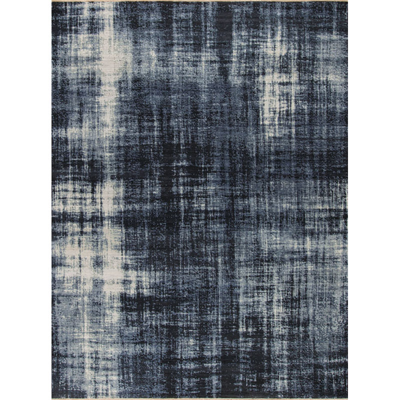 Shibori Hand Knotted Wool Abstract Area Rug, Rectangle 10' x 14', Navy/Ivory