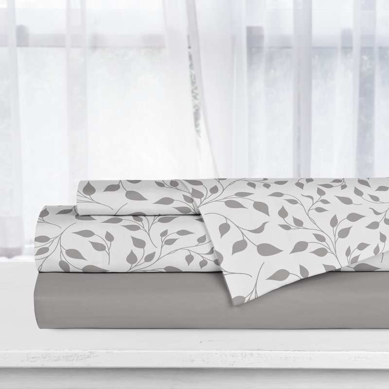Microfiber Floral Fitted Sheet, Gray, Double Sheet Set + 1 Fitted Sheet + 2 Pillowcases