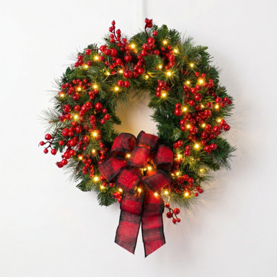 45cm Artificial Christmas Wreath with Red Berries and Black Red Checkered Ribbon - Lush Pine Needle Wreath for Holiday Home Decor and Christmas Door Decoration, Winter Christmas Wreath Outdoor Indoor Christmas Wreath