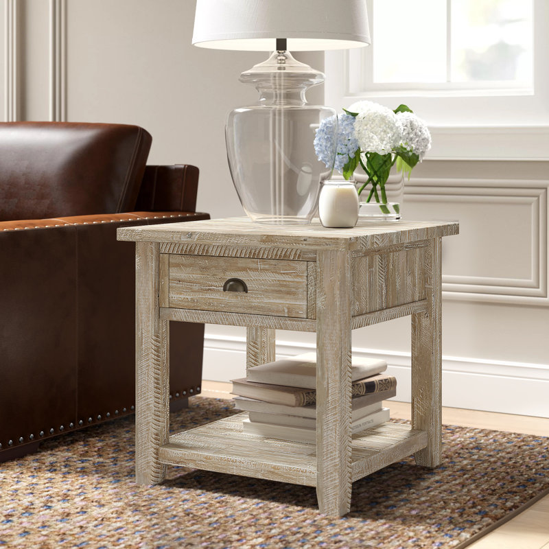 Castile Solid Wood End Table with Storage, Washed Gray