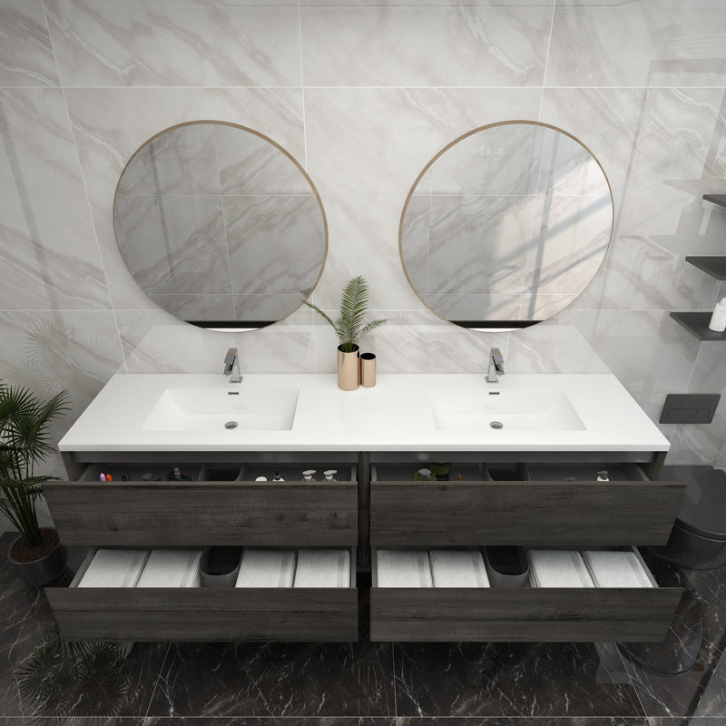 84" Wall-Mounted Double Sink Bathroom Vanity Set, Smoke Oak