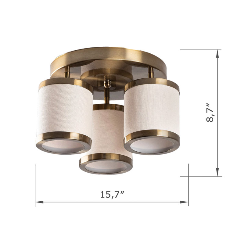 3 Lights Metal Body Semi Flush Mount With Fabric Cap, Vintage