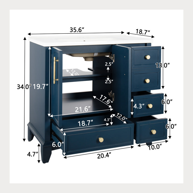 Armoire de meuble-lavabo moderne 36 "avec surface peinte, lavabo autoportant, tiroirs et poignées en métal 36", Bleu