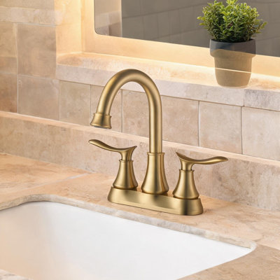 Bathroom Sink Faucet with Warm Gold Metal Finish and Two-Handle Lever Design for Vanity Use, Modern 4-Inch Centerset