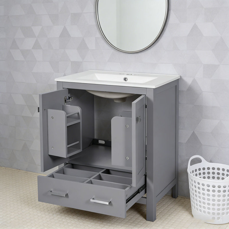 Meuble-lavabo de salle de bain avec lavabo encastré intégré avec tiroir divisé et tablette de porte à double couche, Gris