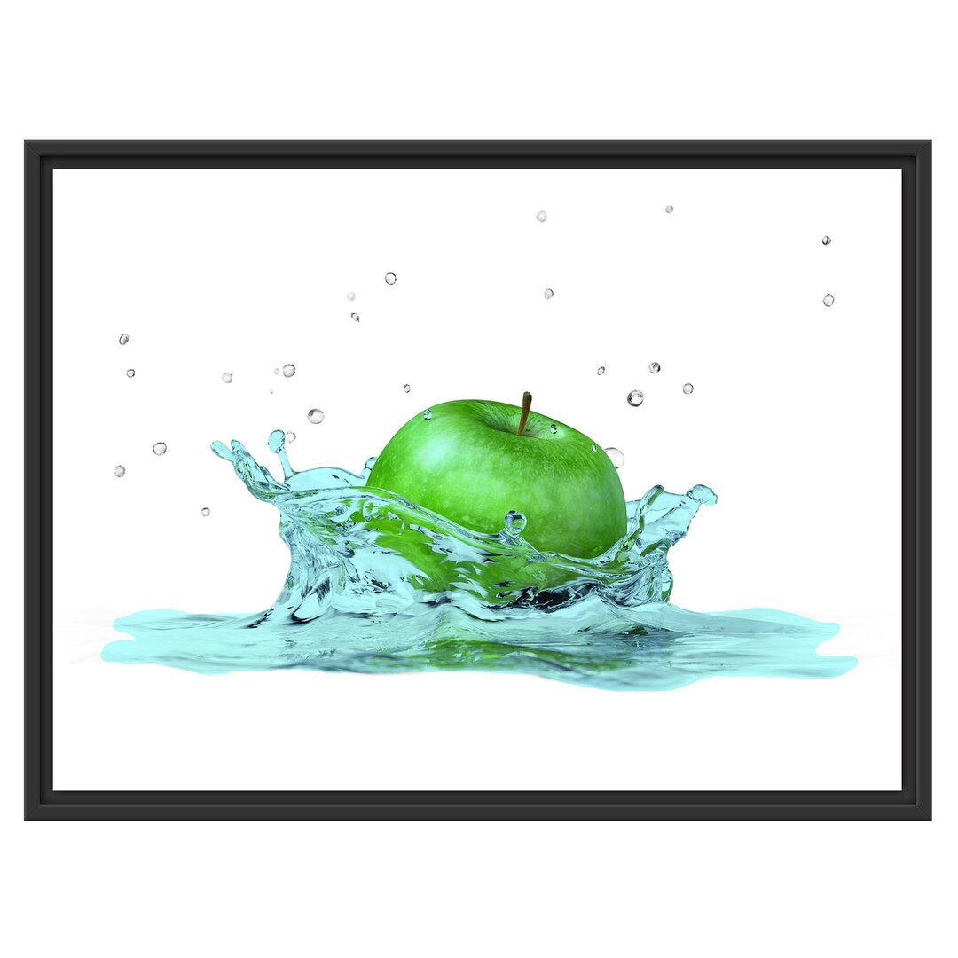 Gerahmtes Wandbild green Apple Apfel fällt in Wasser