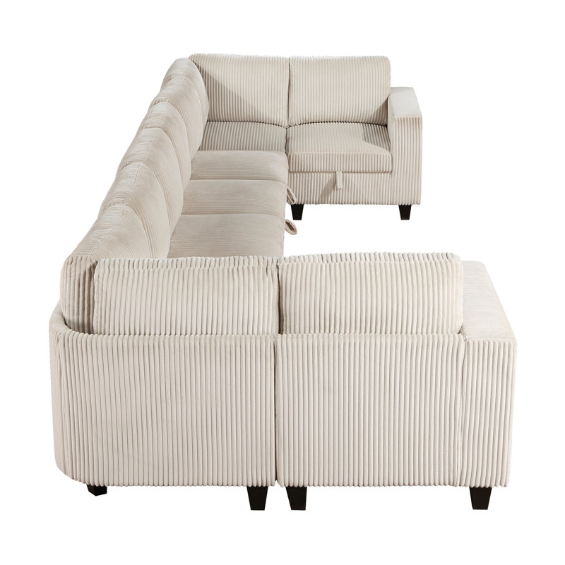 8 Modular Sectional With Storage Seats, Side Pockets, Beige Corduroy & Charging Ports 8 Storage, Solid Wood Base