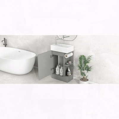 Meuble-lavabo de 18,6 po avec lavabo, armoire en MDF avec tablette latérale et porte-papier hygiénique, orientation à gauche ou à droite