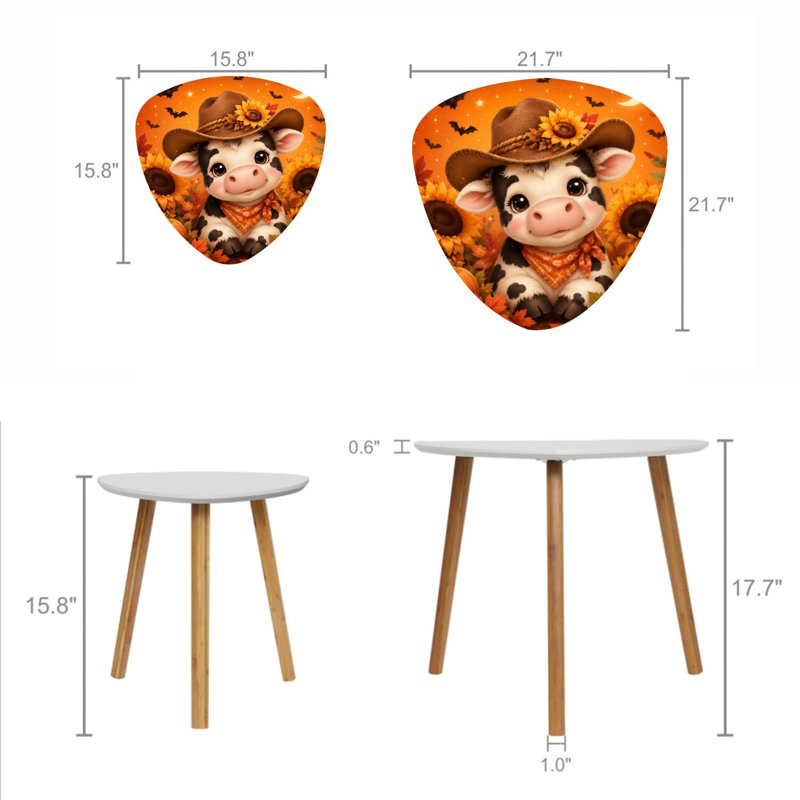 Ensemble de 2 tables basses gigognes triangulaires modernes, motif vache d'Halloween et tournesols. Adorable vache portant un chapeau, style automnal, empilable, style milieu du siècle. Petite table d'appoint pour salon, chambre, appartement, décoration intérieure.