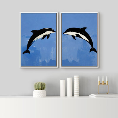 «Blue Ocean Dolphin pair», reproduction d'art mural encadré sur toile, 2 pièces