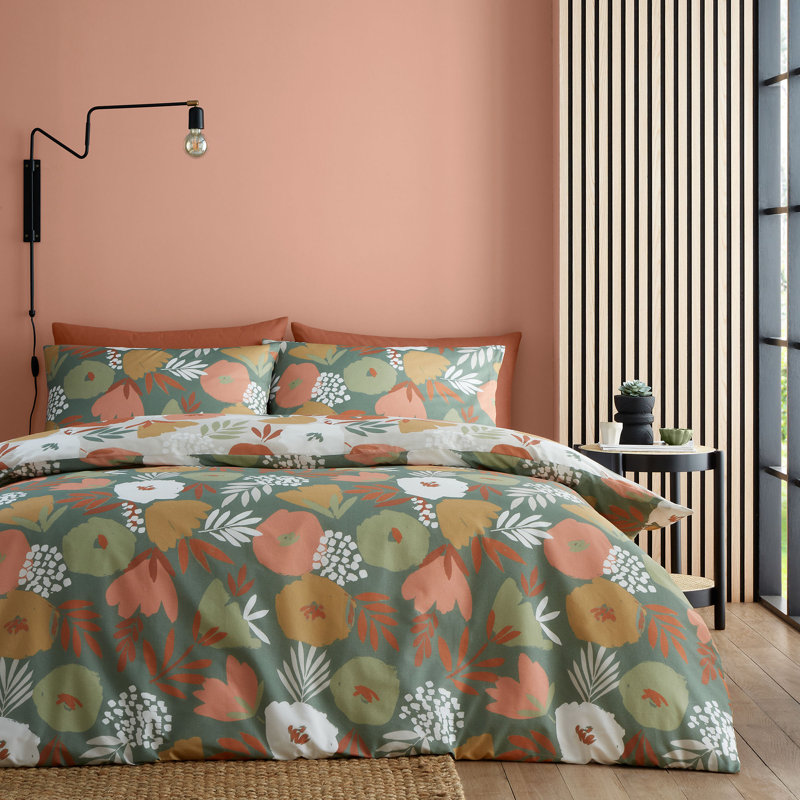 Yasmin Cotton Blend Floral Duvet Cover Set with Pillowcases Included, King Duvet Cover + 2 Standard Pillowcases, Green