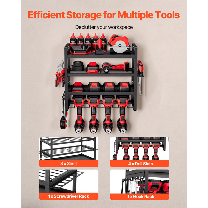 Support mural pour outils électriques, support de rangement à 4 couches avec 4 supports de perceuse, support d'outils et support de rangement avec tournevis, organisateur pour outils de garage, établi et atelier