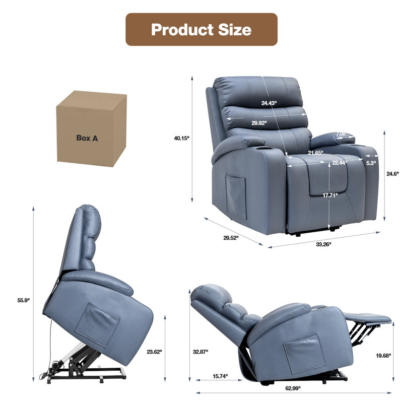 Power Lift Recliner Chair with Massage and Heat for Elderly, with 2 Cup Holders, Blue Microfiber