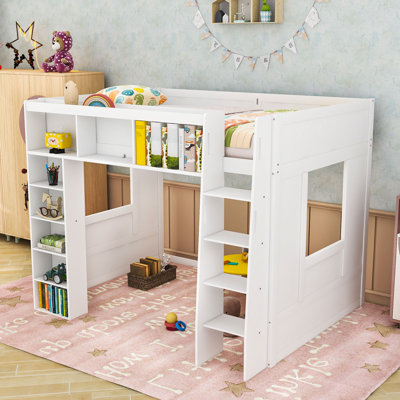 Queen Size Multifunctional Wooden Loft Bed with Integrated Storage and Ladder