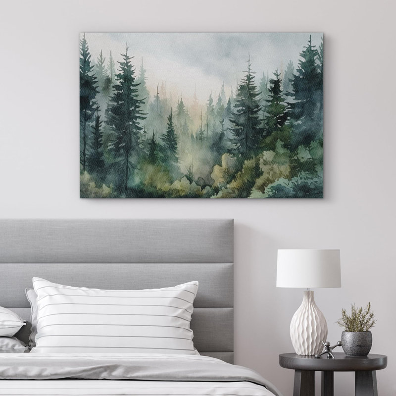 Paysage de forêt Woodland «Green Pine Tree Forest» sur, Toile tendue, H 12 po x l 18 po