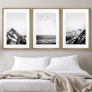 Noway Black White Photo Snowy Winter Mountain Neutral Pictures Framed Canvas 3 Pieces Print Wall Art