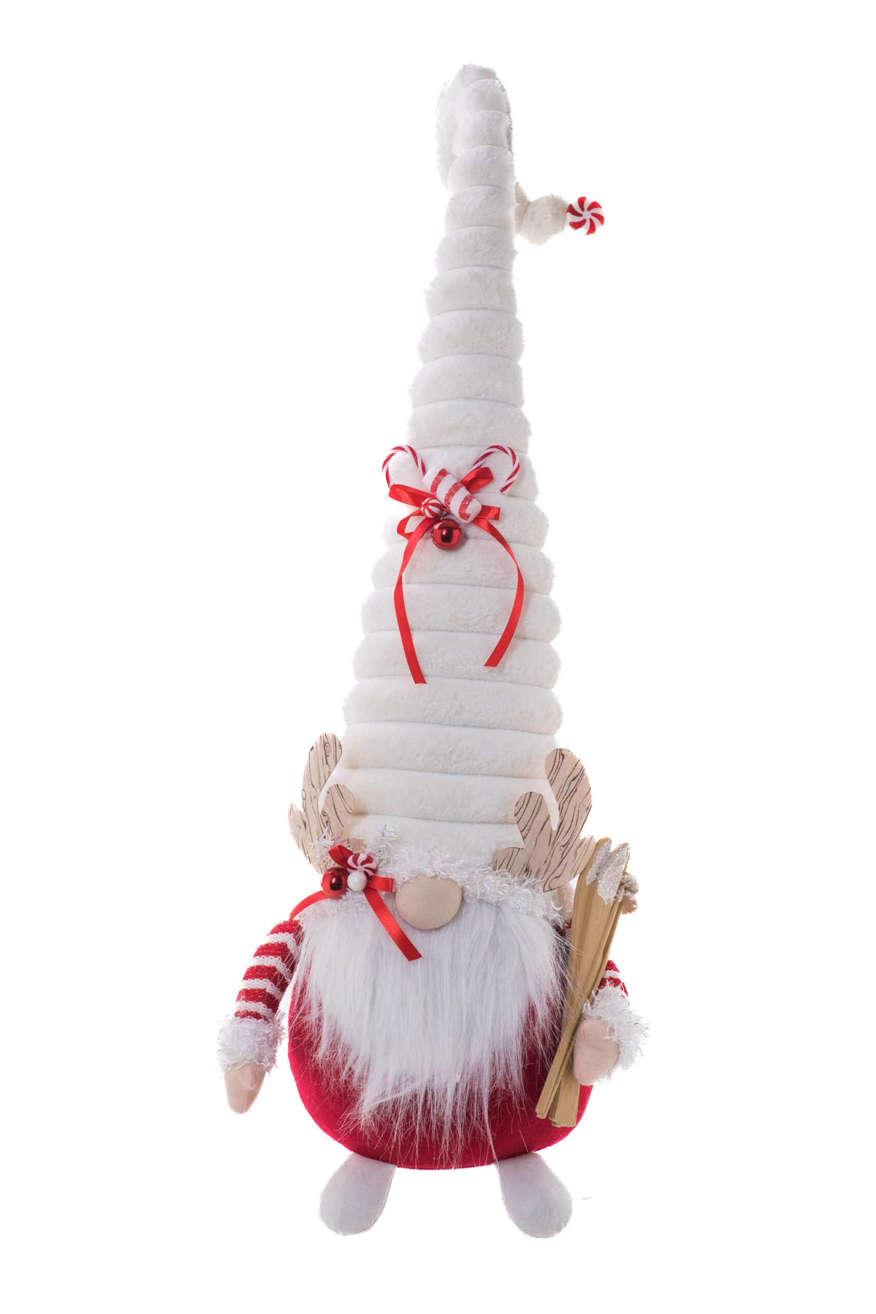 Red/White Fabric Standing Tall Festive Gnome With Long Santa Hat