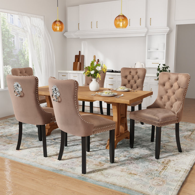 Velvet Upholstered Nailhead Dining Chairs Side Chairs Set of 6, Khaki