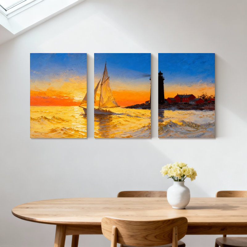 Nautique, voilier, coucher de soleil, océan, vagues, phare, horizon, ensemble de 3 impressions sur toile, H 30 po x l 60 po