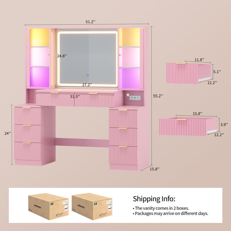 Coiffeuse cannelée avec miroir lumineux, station de recharge, lumières DEL synchronisées au son, meubles en bois, armoires vitrées luxueuses, 8 tiroirs, grande coiffeuse rose pour filles et femmes
