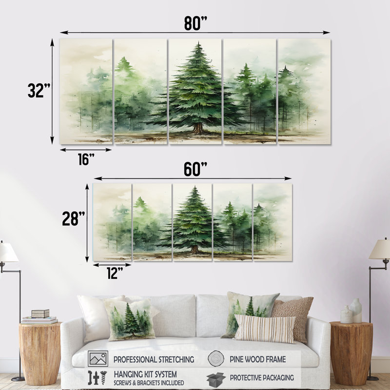 Minimalisme pin arbre forêt I - ensemble de 5 décorations murales pin, H 28 po x l 60 po