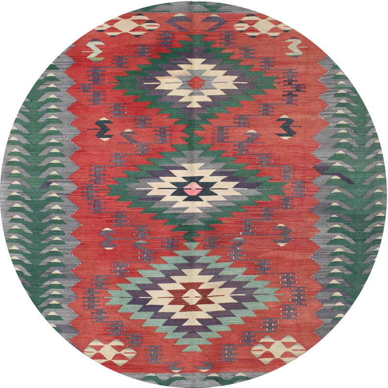 Tapis contemporain vert / rouge, Rond 5 pi