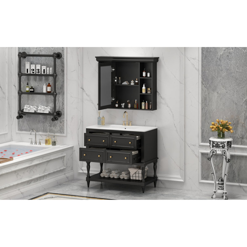 »Meuble-lavabo moderne avec armoire à pharmacie, tablette réglable et tiroirs de rangement