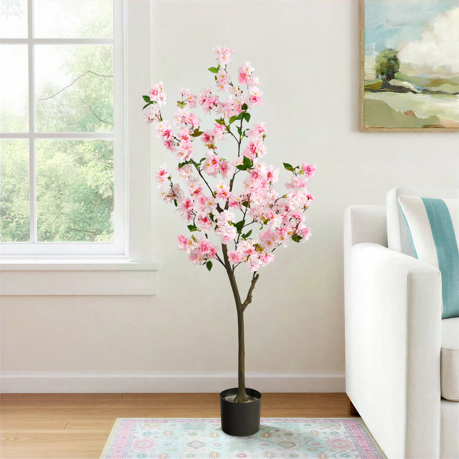 Faux Cherry Blossom Tree in Planter, Pink, 60" H x 24" W x 12" D